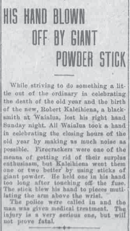 HIS HAND BLOWN OFF BY GIANT POWDER STICK