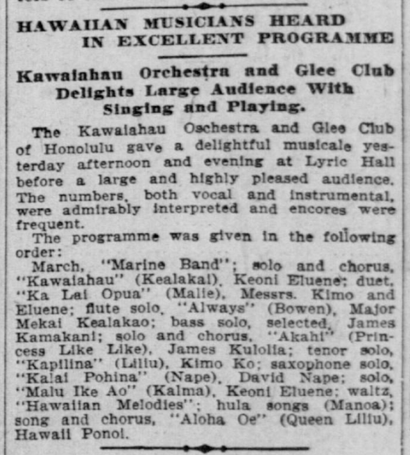 HAWAIIAN MUSICIANS HEARD IN EXCELLENT PROGRAMME