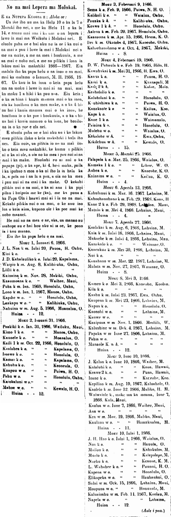 No na mai Lepera ma Molokai.