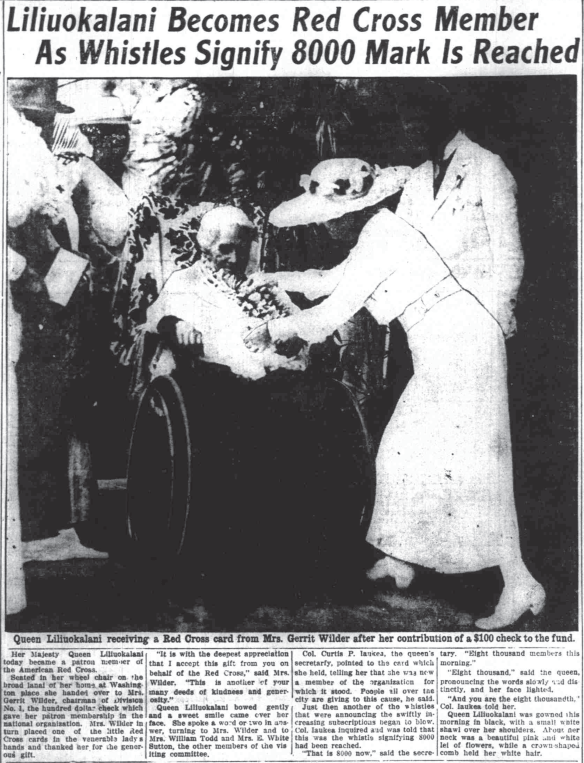 Liliuokalani Becomes Red Cross Member As Whistles Signify 8000 Mark Is Reached