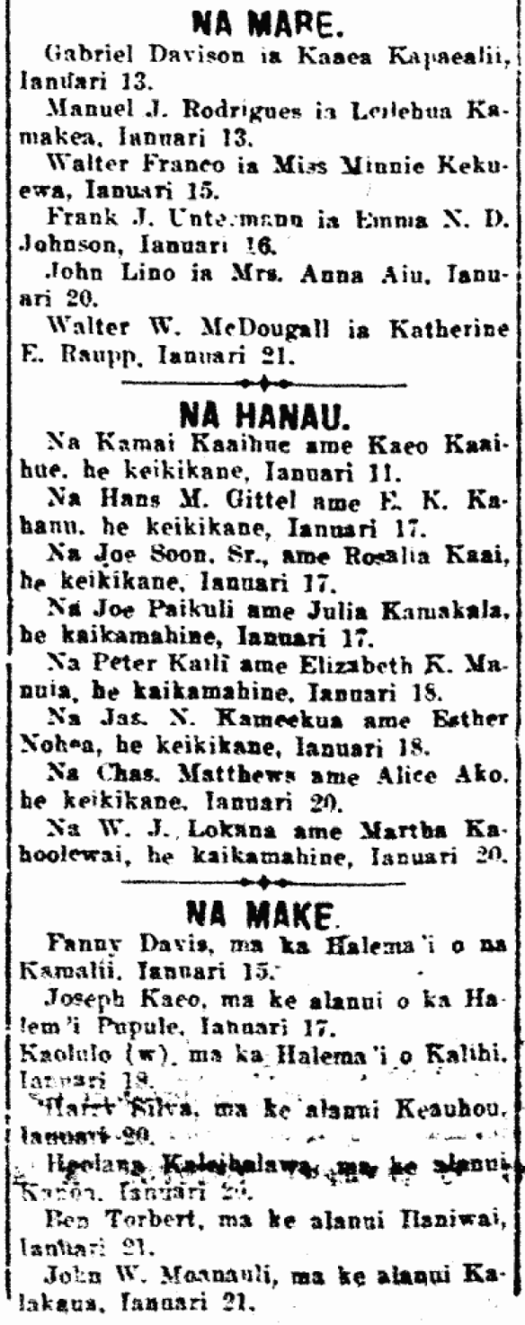 NA MARE. / NA HANAU. / NA MAKE.