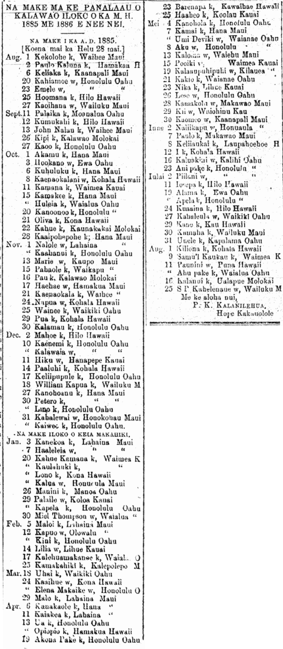 NA MAKE MA KE PANALAAU O KALAWAO ILOKO O KA M. H. 1885 ME 1886 E NEE NEI.