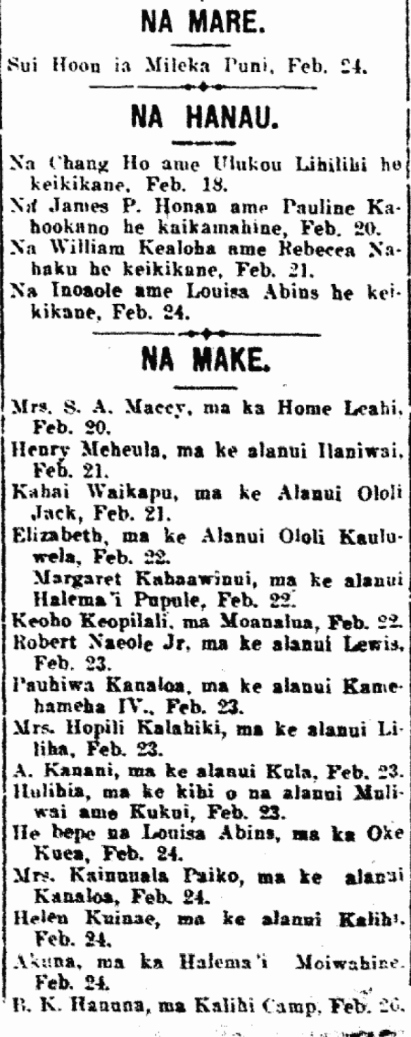 NA MARE. / NA HANAU. / NA MAKE.