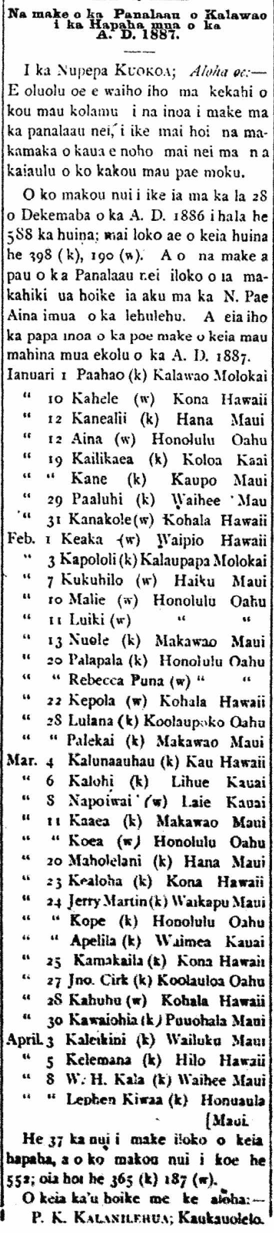 Na make o ka Panalaau o Kalawao i ka Hapaha mua o ka A. D. 1887.