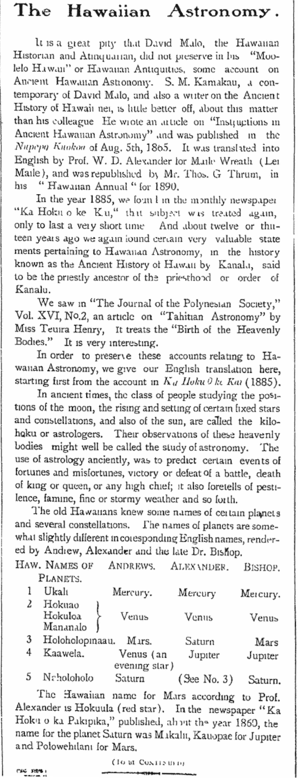 The Hawaiian Astronomy.