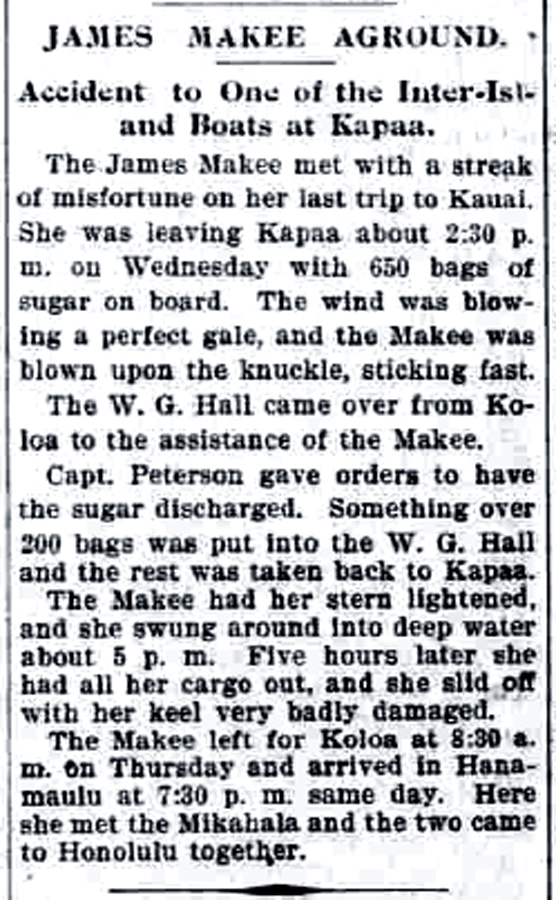 JAMES MAKEE AGROUND.