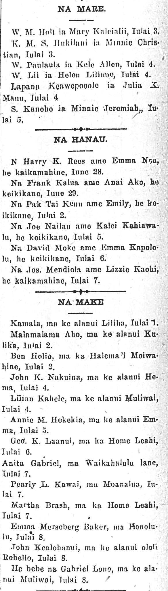 Ka Nupepa Kuokoa, Buke LI, Helu 27, Aoao 3. Iulai 11, 1913. (from microfilm)