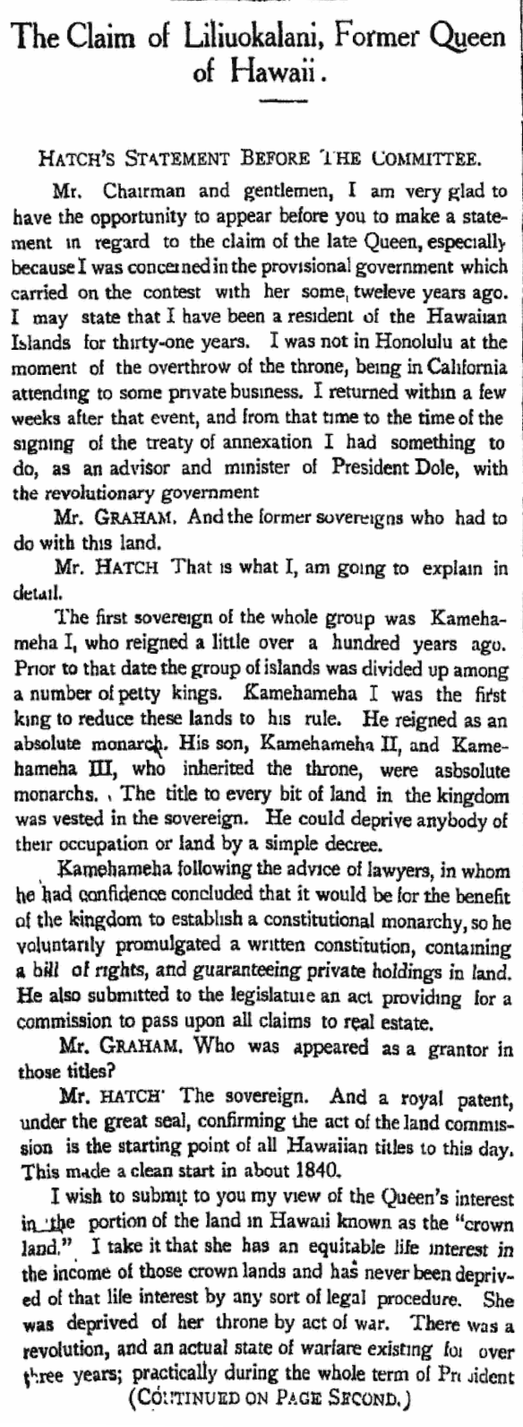 The Claim of Liliuokalani, Former Queen of Hawaii.