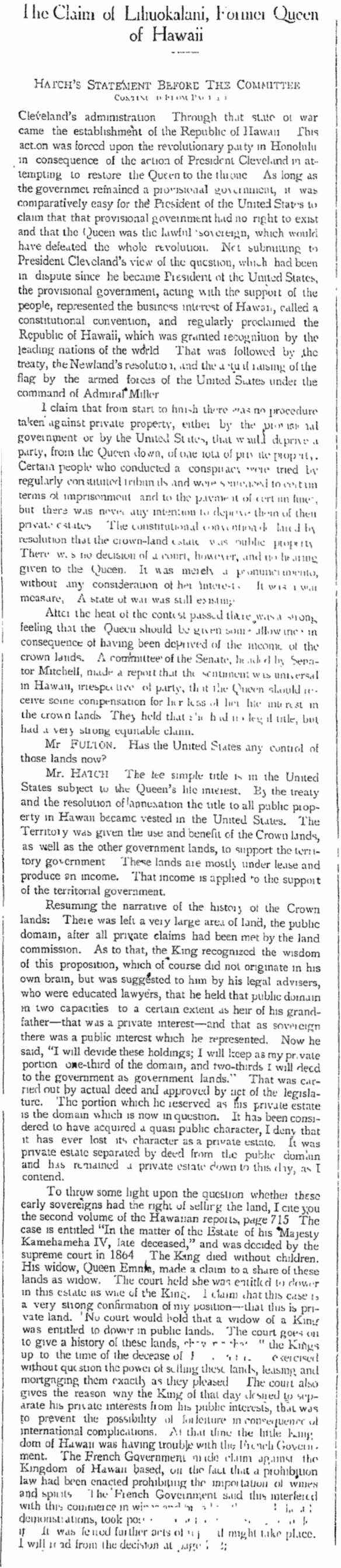 The Claim of Liliuokalani, Former Queen of Hawaii