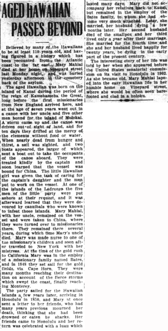 AGED HAWAIIAN PASSES BEYOND