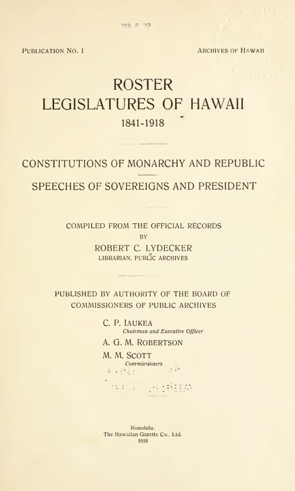 ROSTER LEGISLATURE OF HAWAII 1841–1914