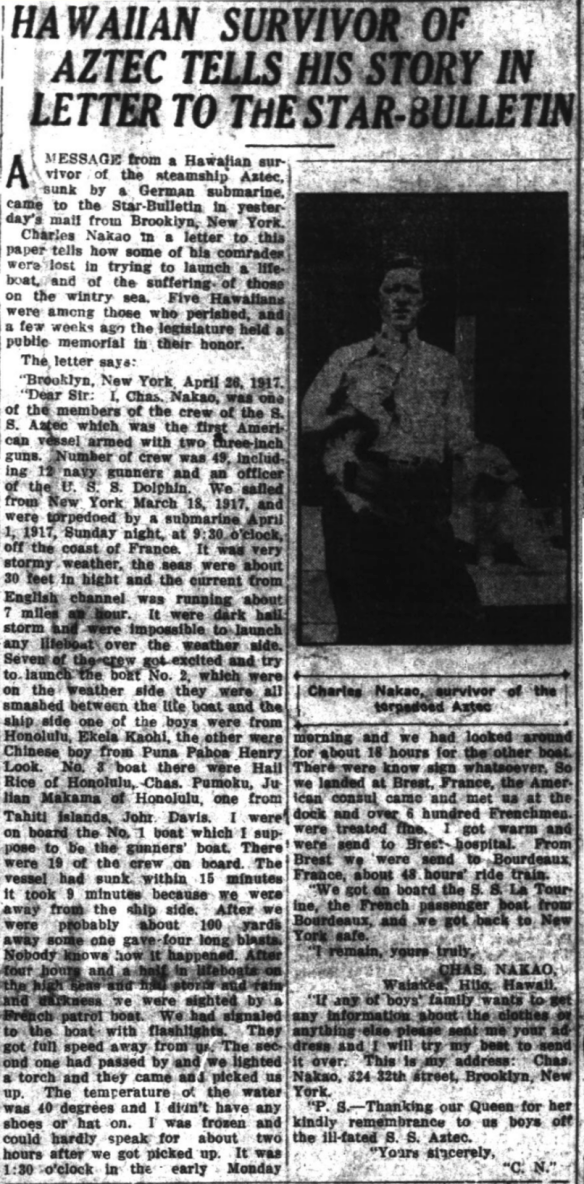 HAWAIIAN SURVIVOR OF AZTEC TELLS HIS STORY IN LETTER TO THE STAR-BULLETIN