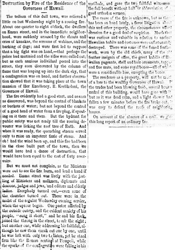 Destruction by Fire of the Residence of the Governess of Hawaii.