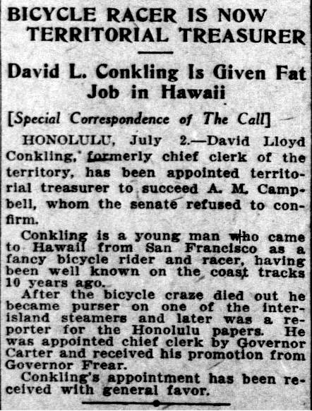 BICYCLE RACER IS NOW TERRITORIAL TREASURER