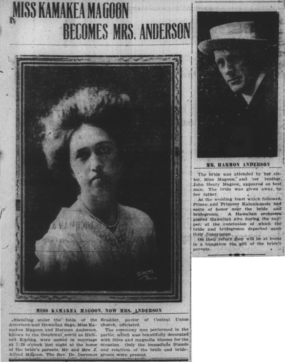 MISS KAMAKEA MAGOON BECOMES MRS. ANDERSON