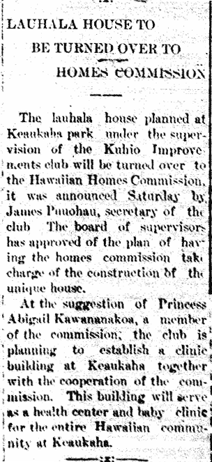 LAUHALA HOUSE TO BE TURNED OVER TO HOMES COMMISSION