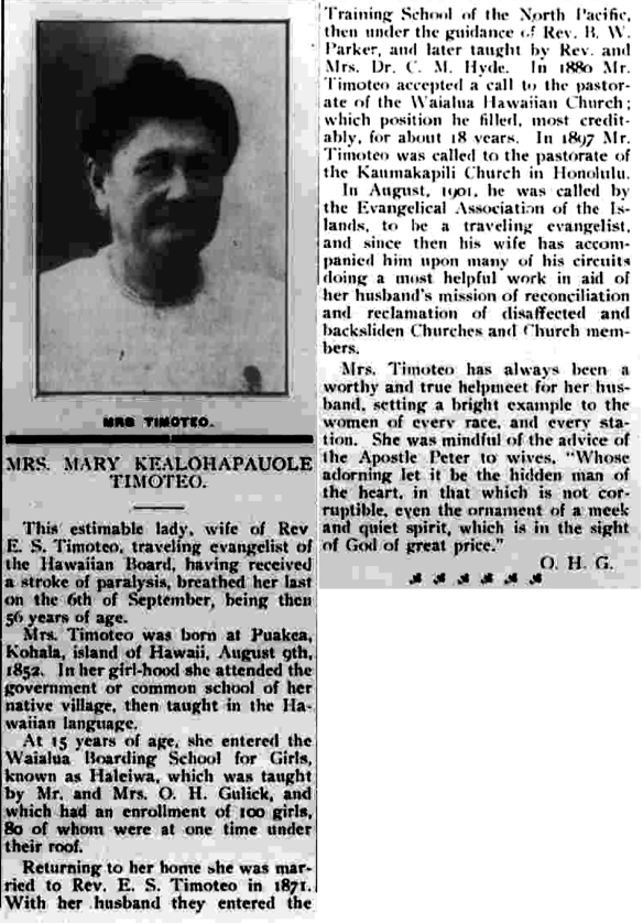 MRS. MARY KEALOHAPAUOLE TIMOTEO.