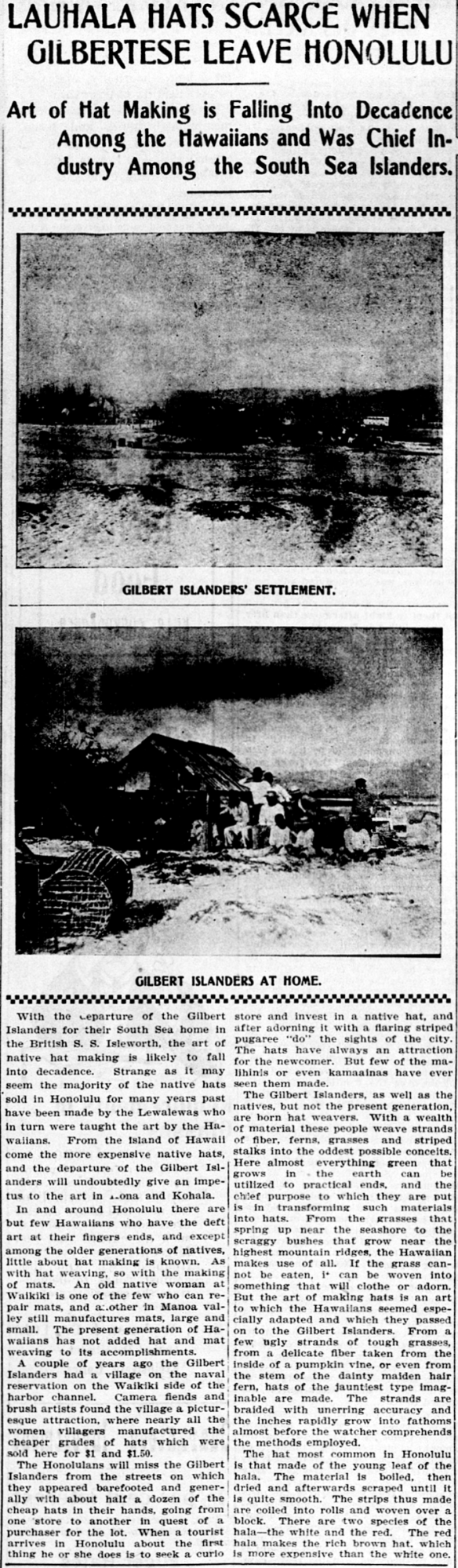 LAUHALA HATS SCARCE WHEN GILBERTESE LEAVE HONOLULU