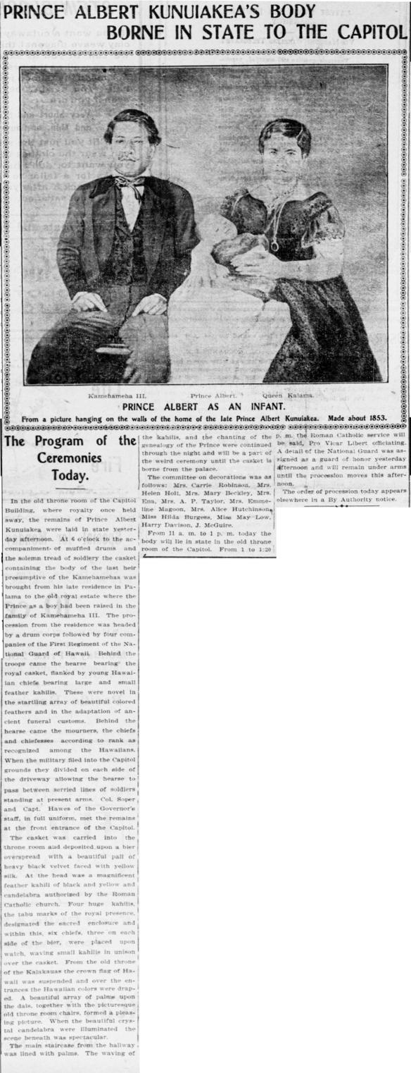 PRINCE ALBERT KUNUIAKEA'S BODY BORNE IN STATE TO THE CAPITOL
