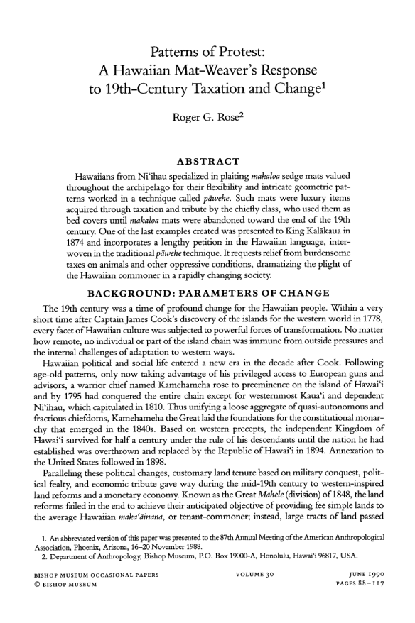 Patterns of protest : a Hawaiian mat-weaver’s response to 19th-century taxation and change