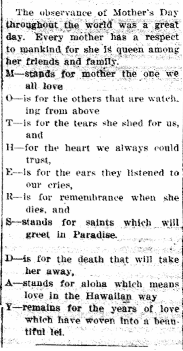 The observance of Mother's Day...