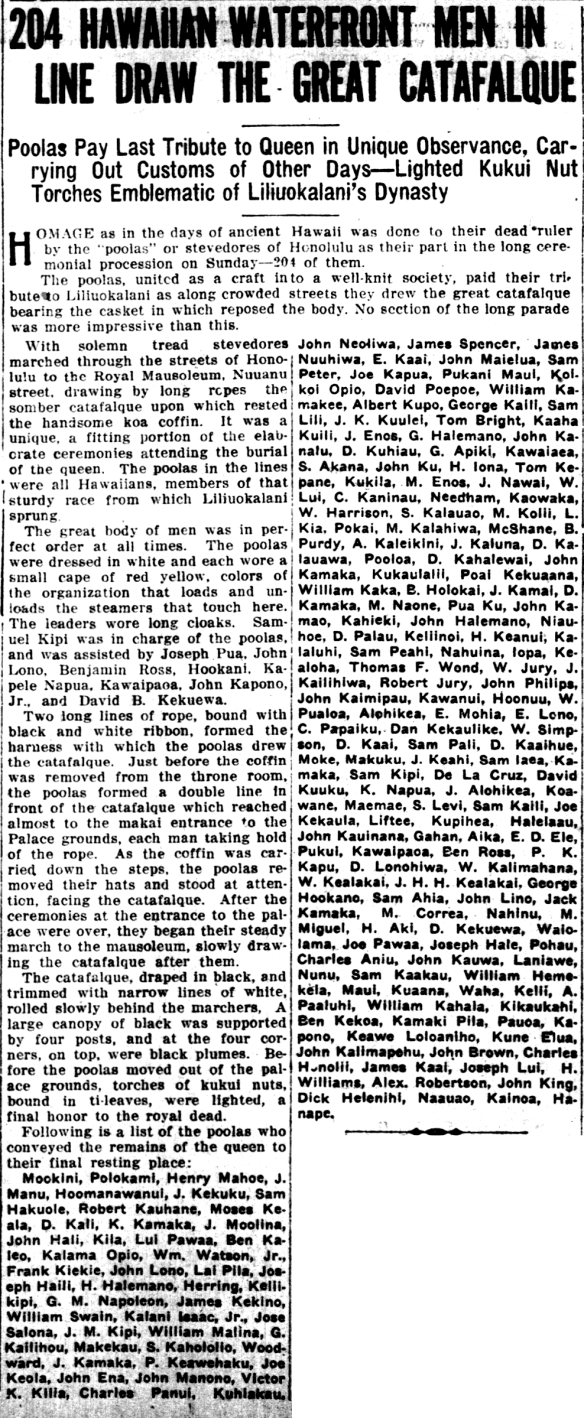 204 HAWAIIAN WATERFRONT MEN IN LINE DRAW THE GREAT CATAFALQUE