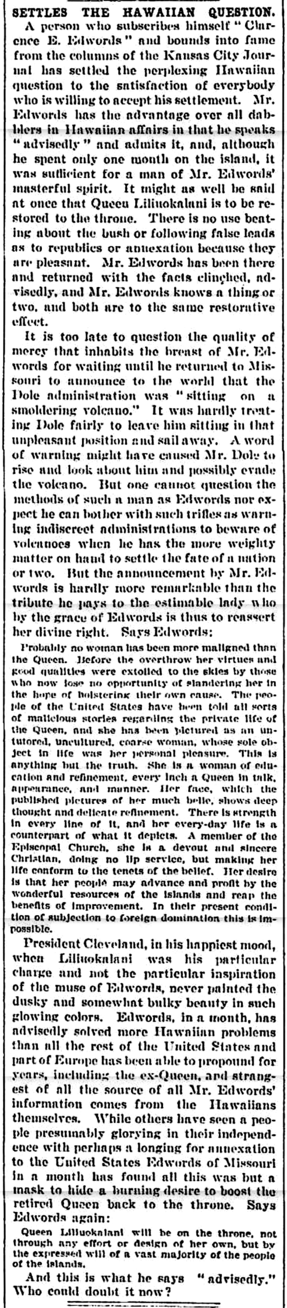 SETTLES THE HAWAIIAN QUESTION.