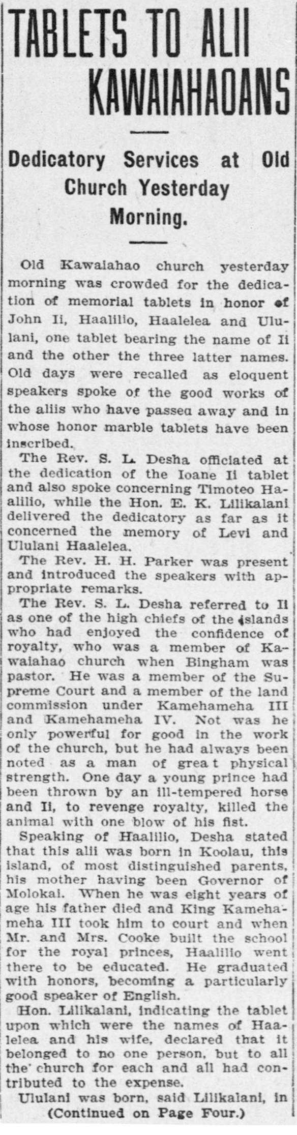 TABLETS TO ALII KAWAIAHAOANS