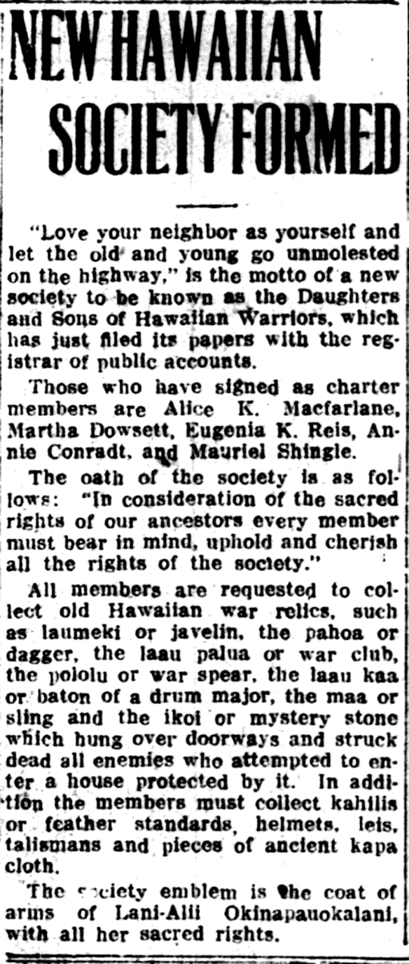 NEW HAWAIIAN SOCIETY FORMED