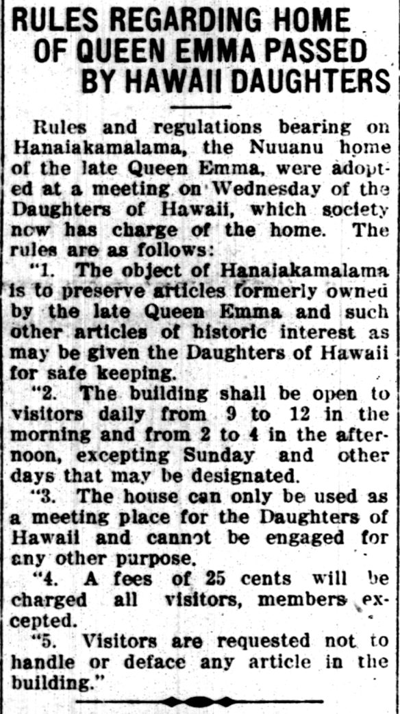 RULES REGARDING HOME OF QUEEN EMMA PASSED BY HAWAII DAUGHTERS