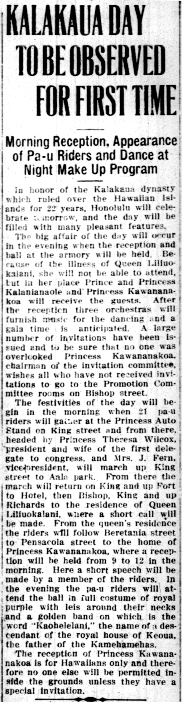 KALAKAUA DAY TO BE OBSERVED FOR THE FIRST TIME